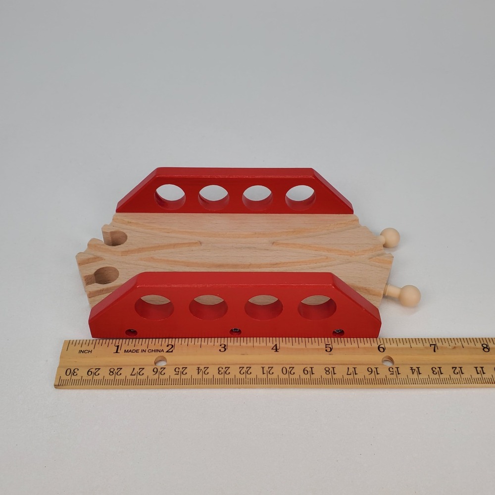 Wooden Railway Double Track Bridge Red Railing Train Set Accessory - Picture 6 of 7